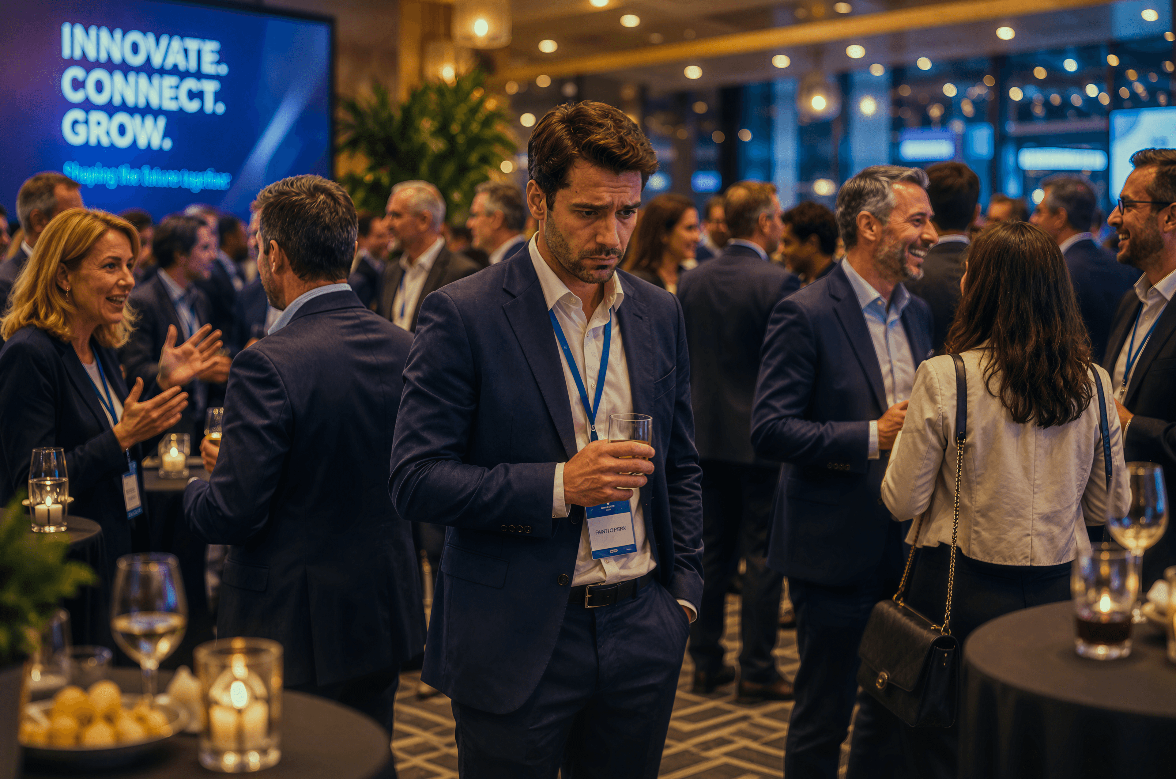 Professional at a networking event feeling isolated while others connect