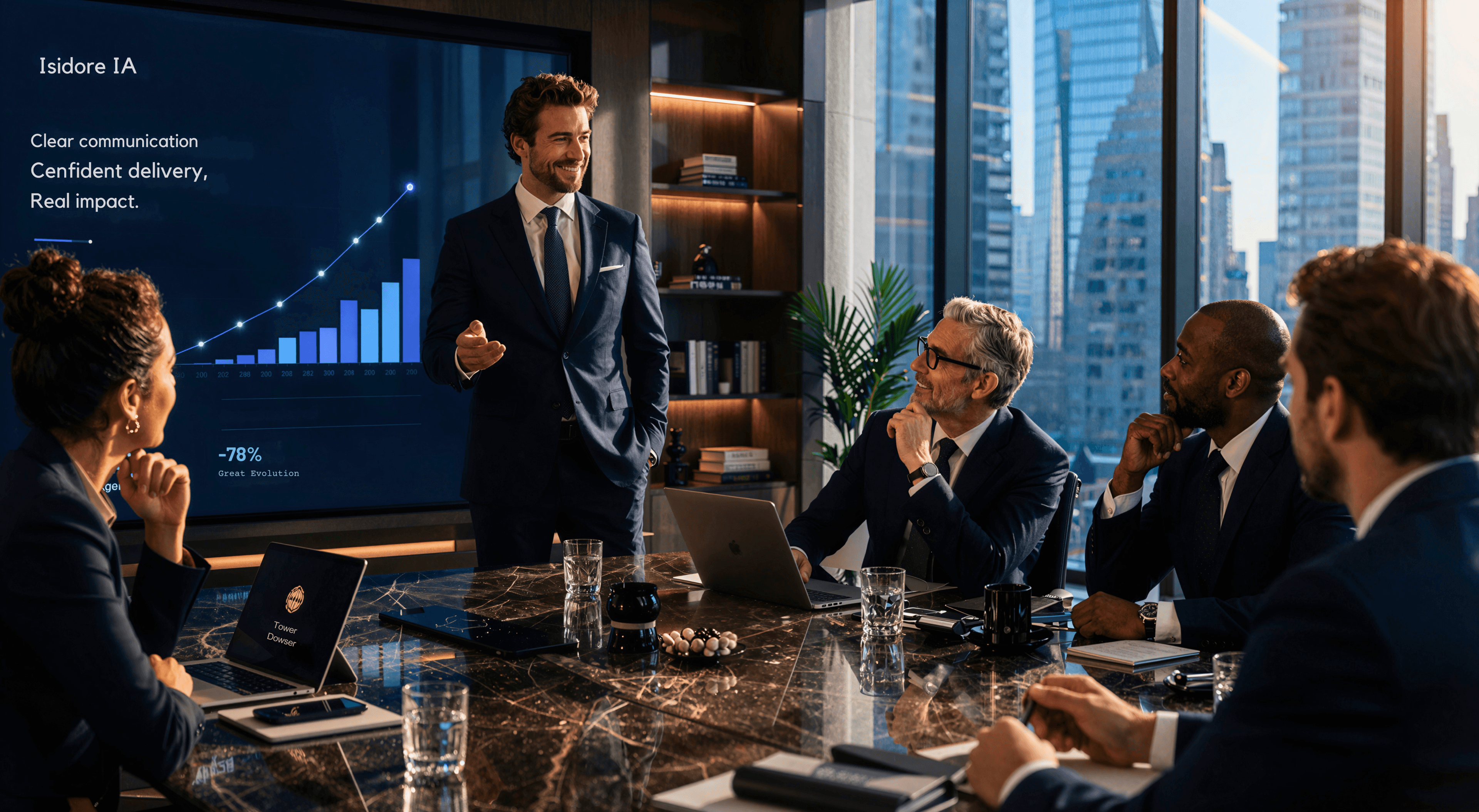 Professional presenting with confidence in a boardroom meeting